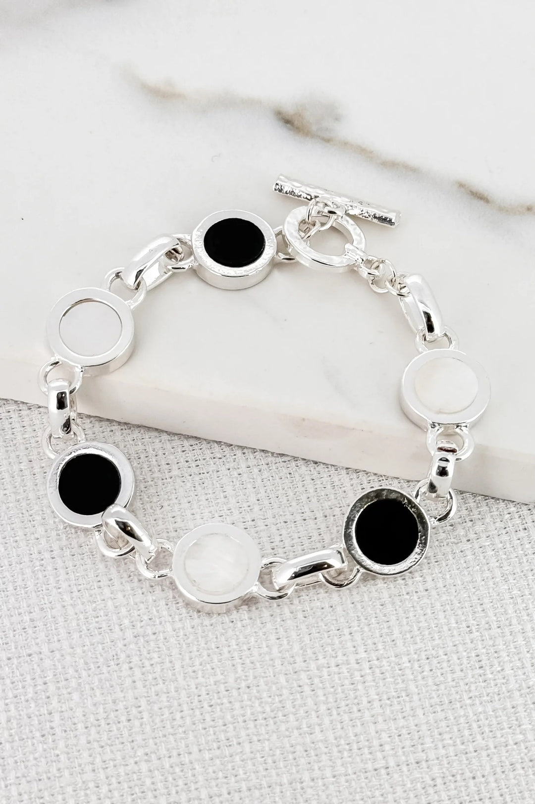 Envy Black & White Circle Pendant Bracelet In Silver