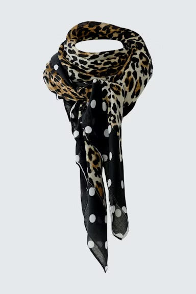 Oui leopard & dot print scarf in dark camel grey
