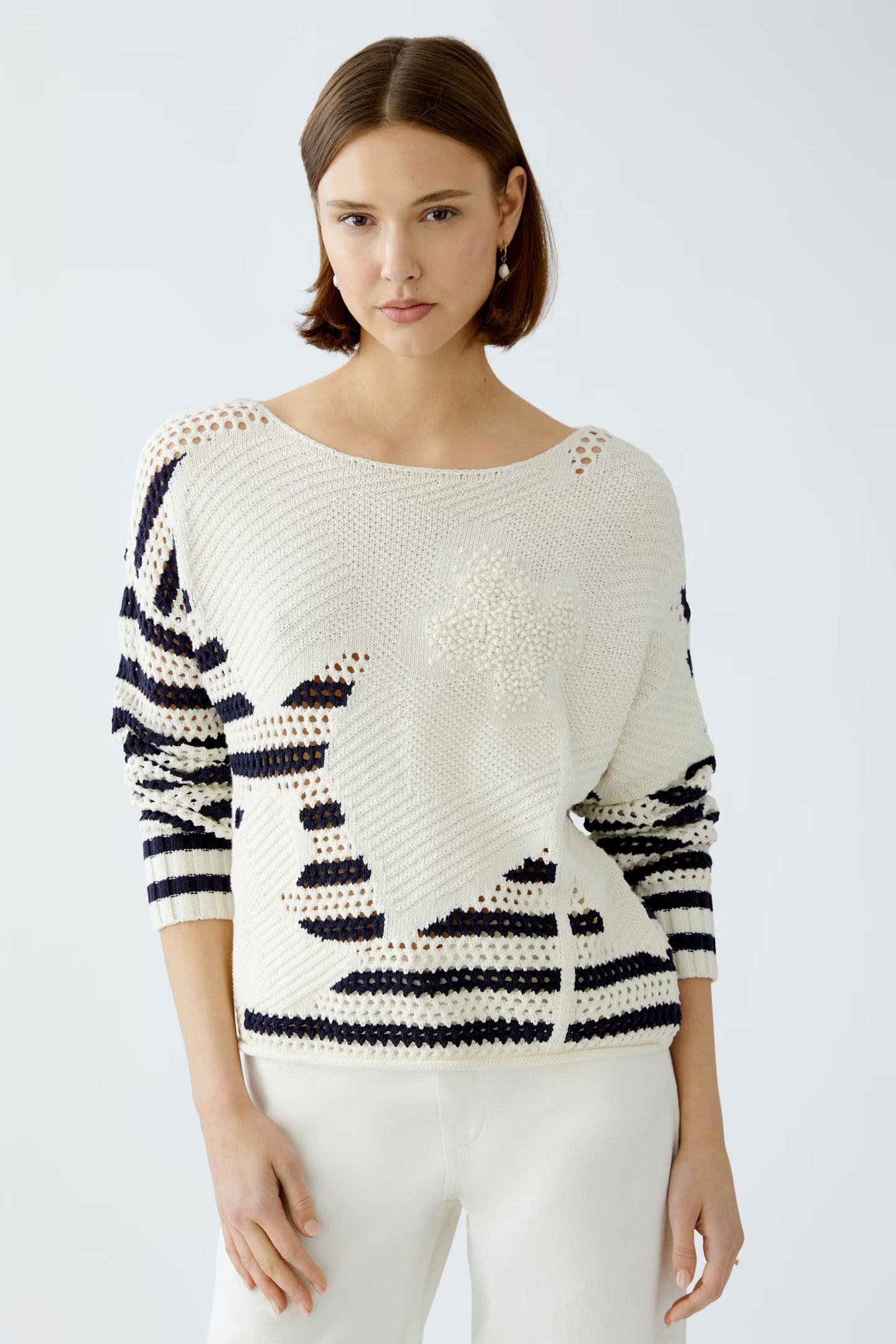 Oui Textured Patterned Jumper In Navy & White