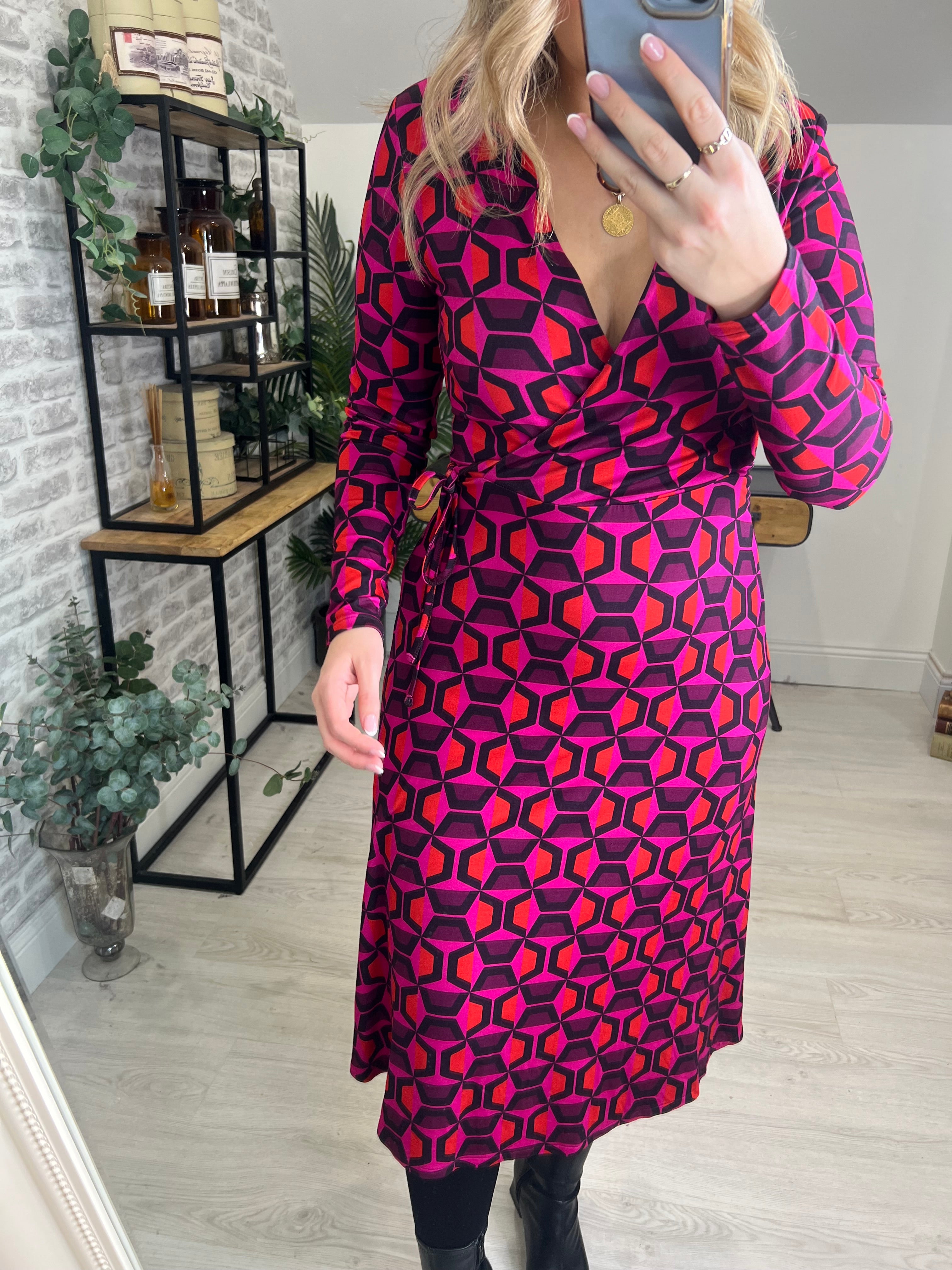 Milano Italy Wrap Over Dress In Berry Print