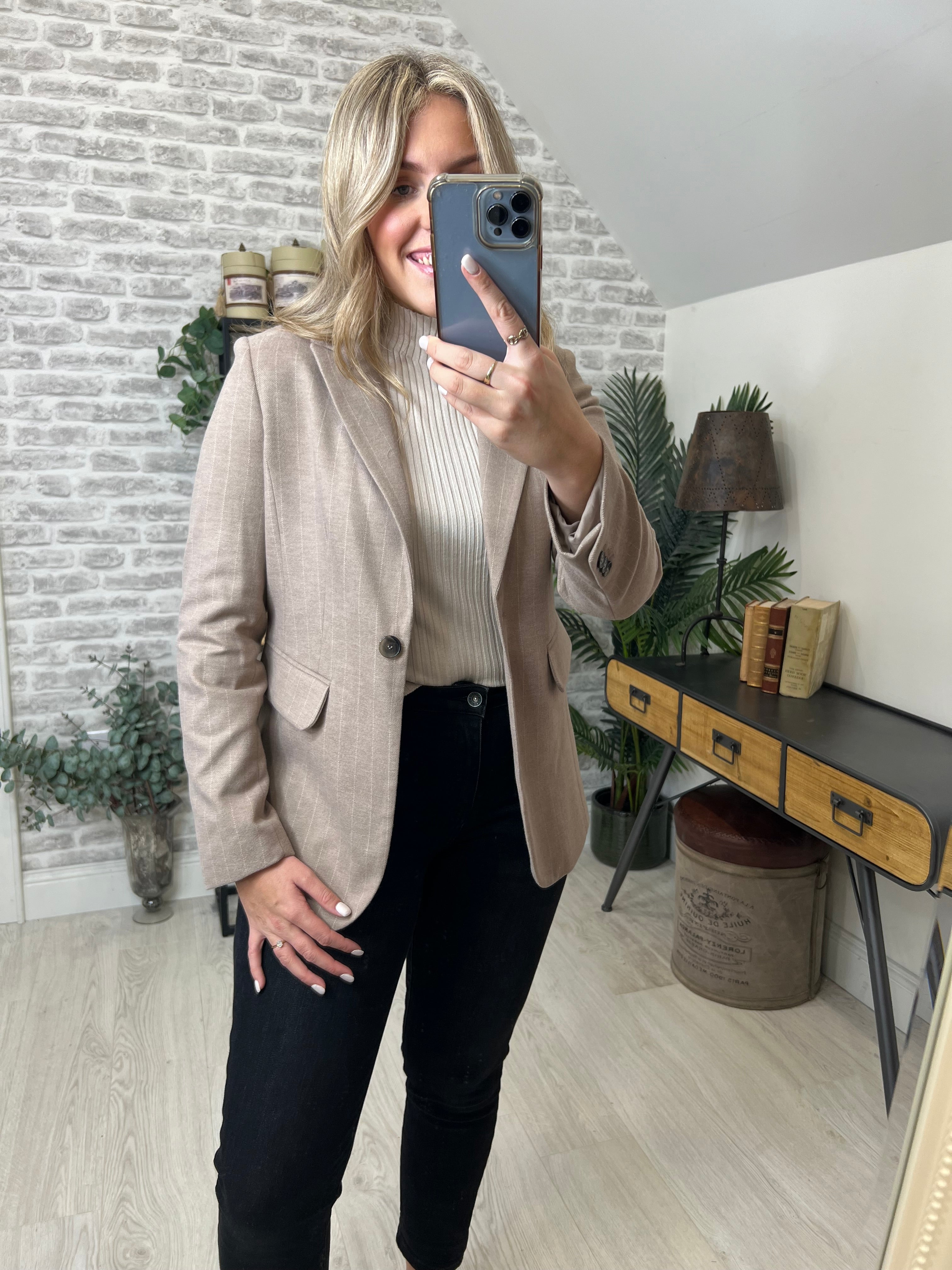 More & More Pinstripe Blazer In Taupe