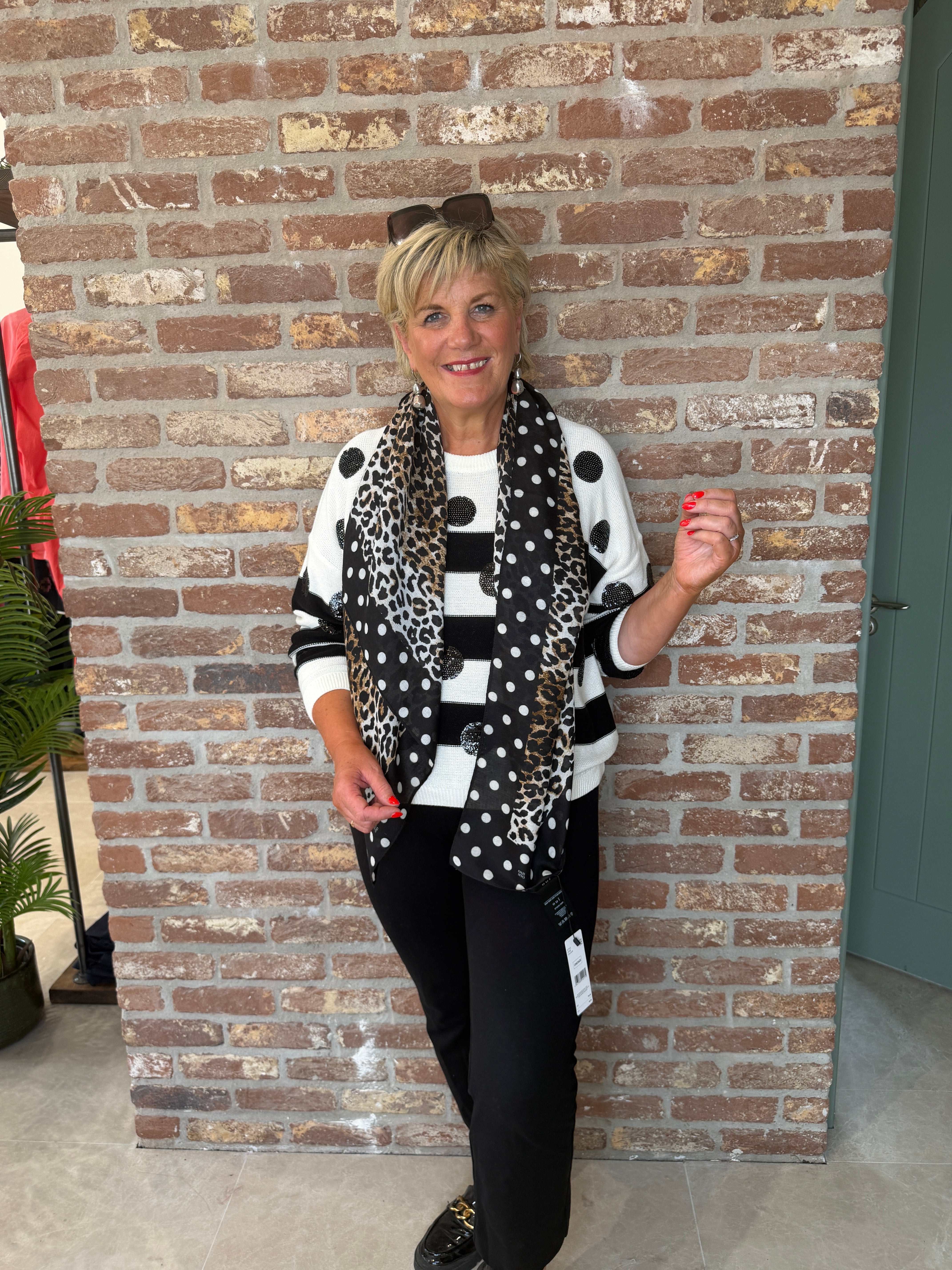 Oui leopard & dot print scarf in dark camel grey