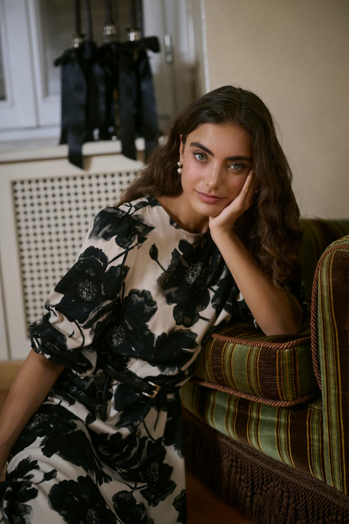 Culture Floral Pattern Dress In Black & Off White