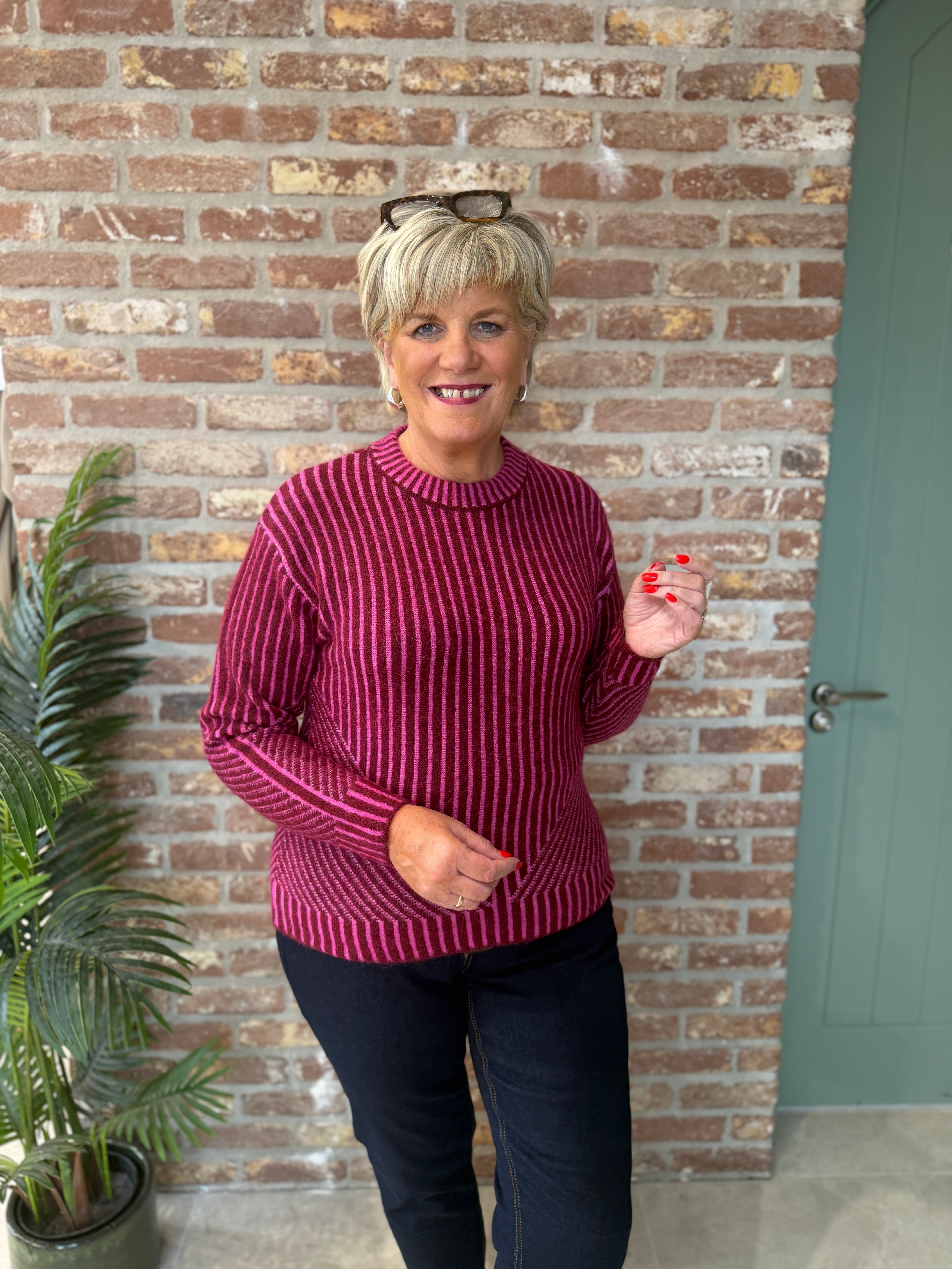 Stripe print pullover in pink & red multi