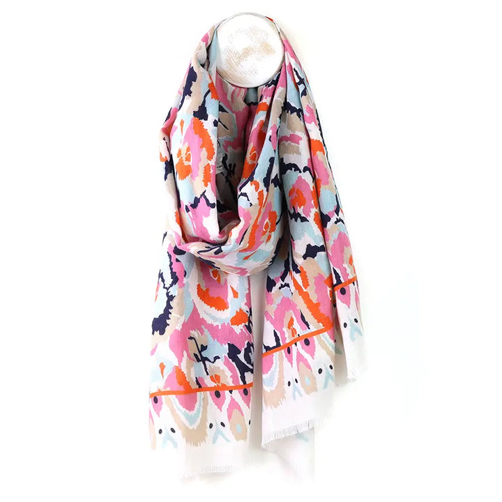 Pom abstract Print Scarf In white & coral