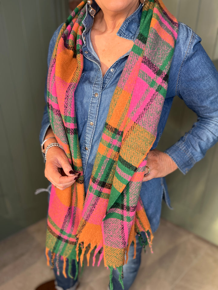 Sophie Tartan Print Scarf In Pink & Green Multi
