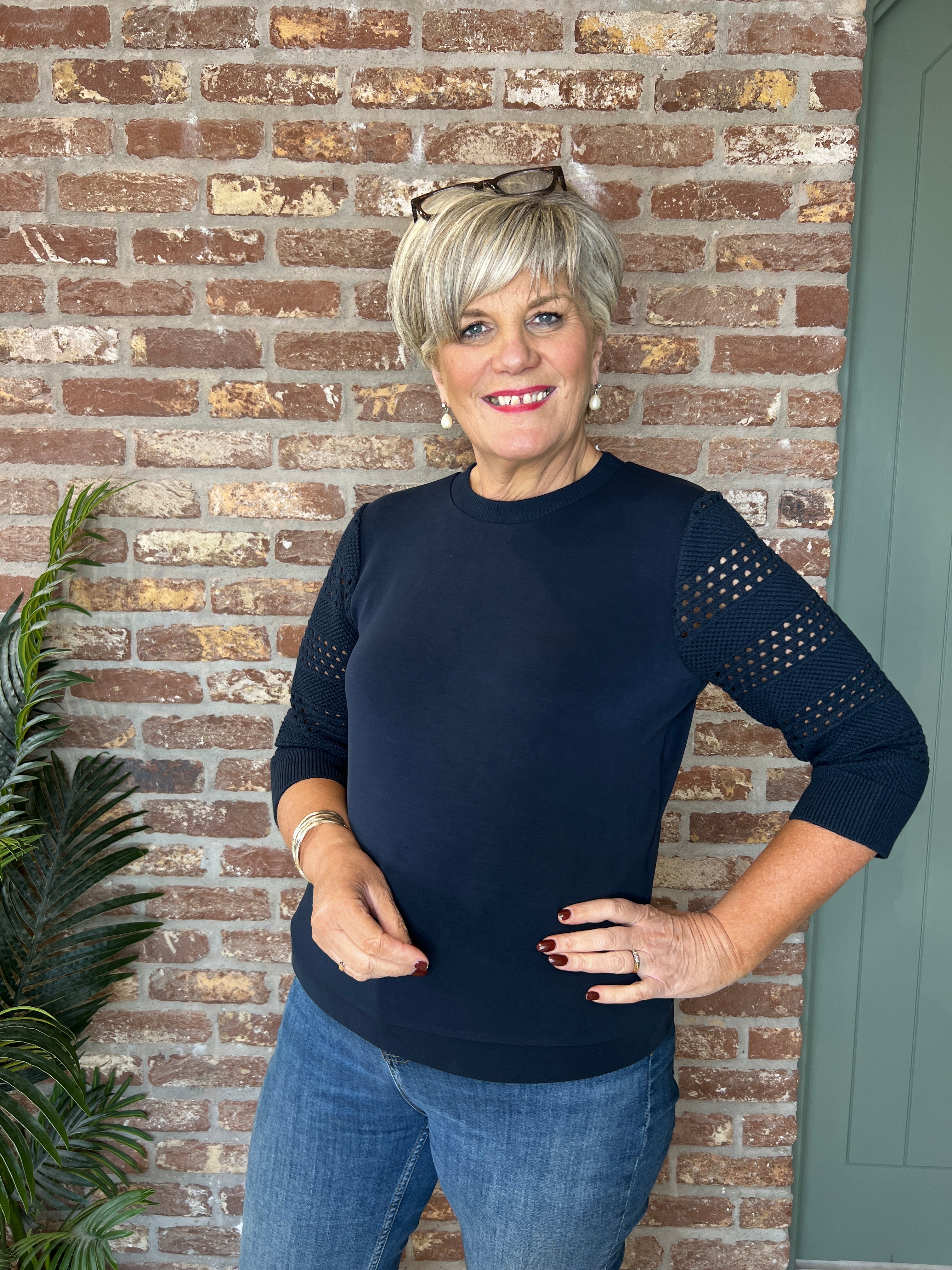 Street One sweatshirt with knitted sleeve In Navy