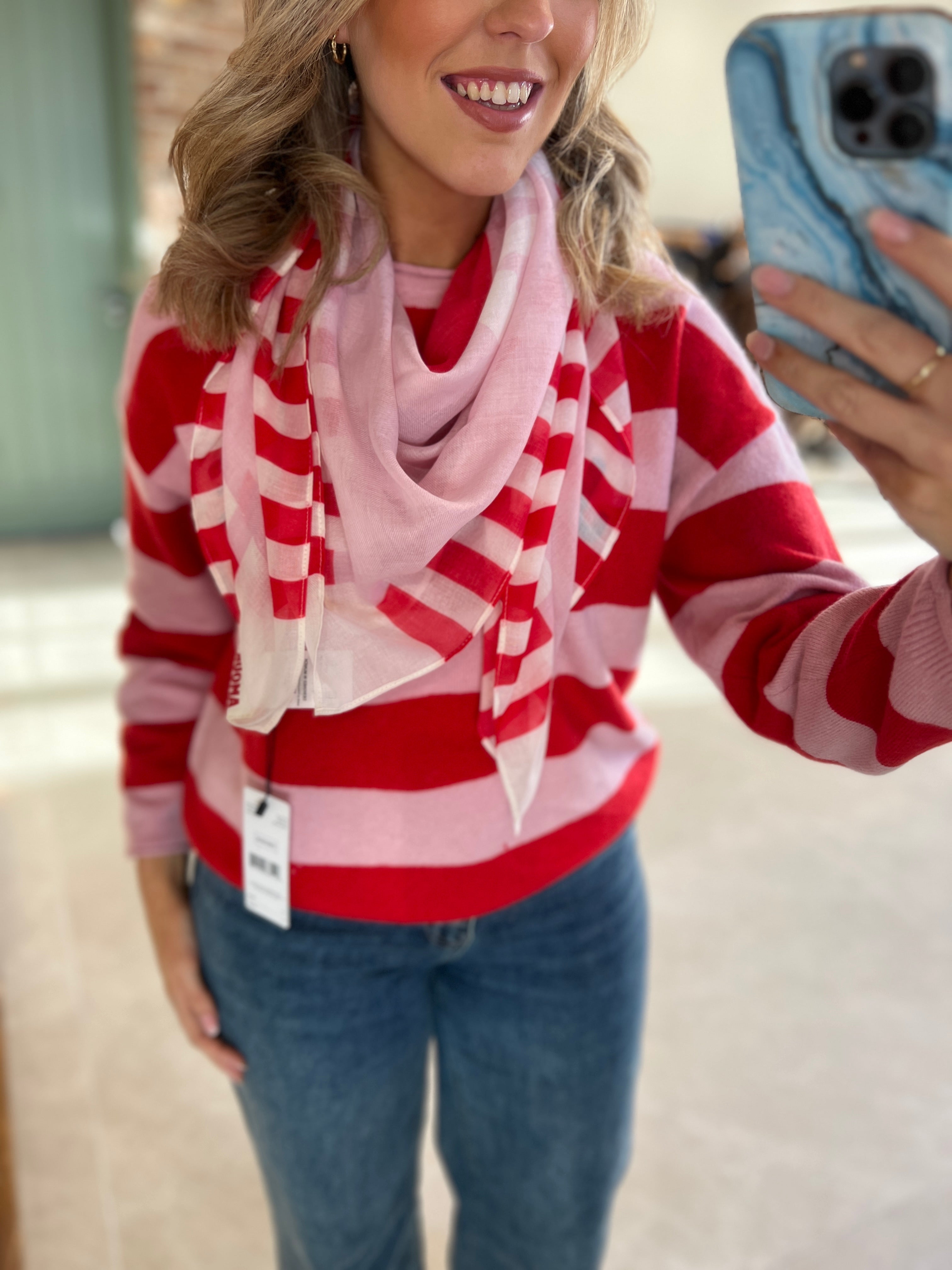 Oui Heart & Stripes Print Scarf In Pink & Red