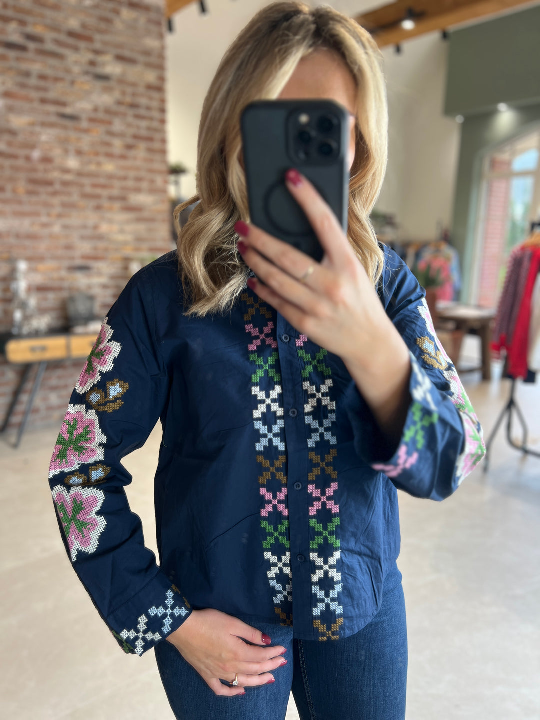Culture Embroidery Shirt Dress Blues