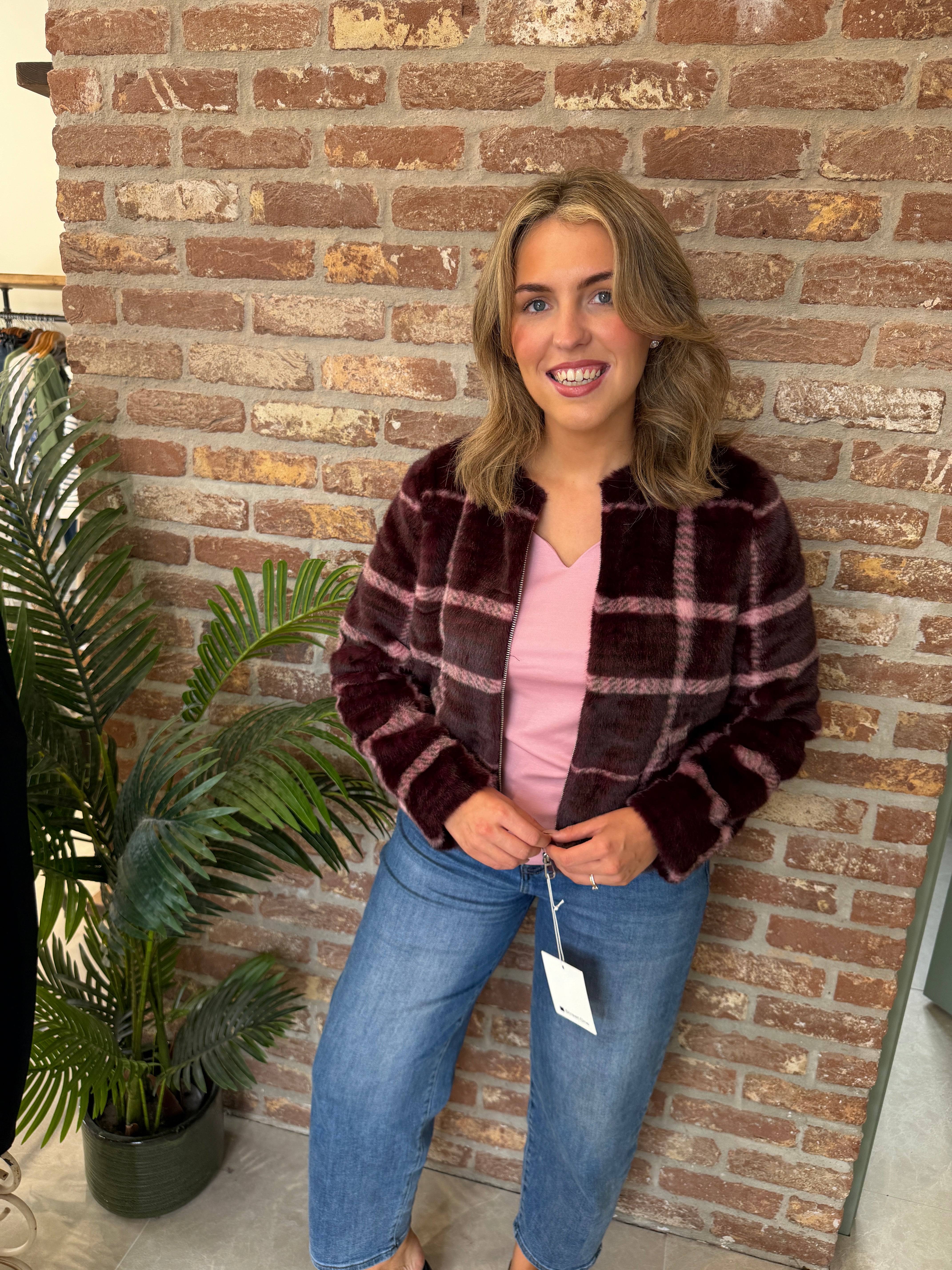 Checked faux fur jacket in rustic rouge