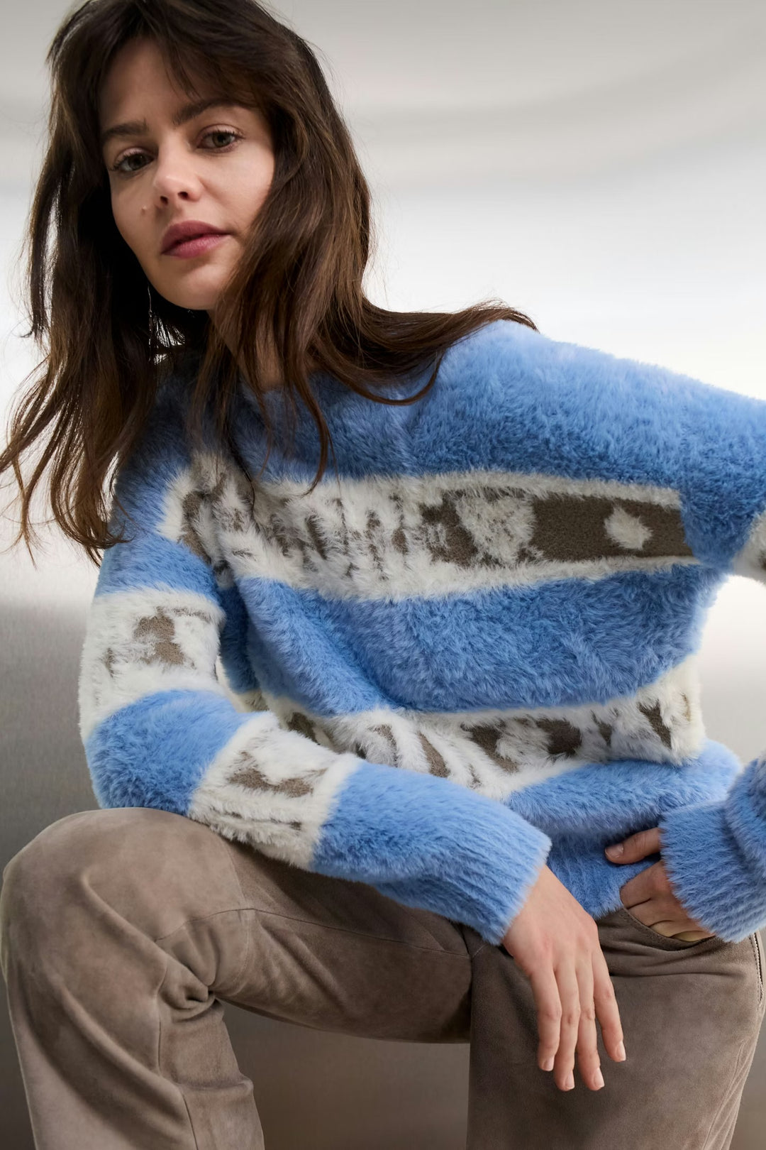 Oui Stripes & wording Pullover In Light Blue & Green