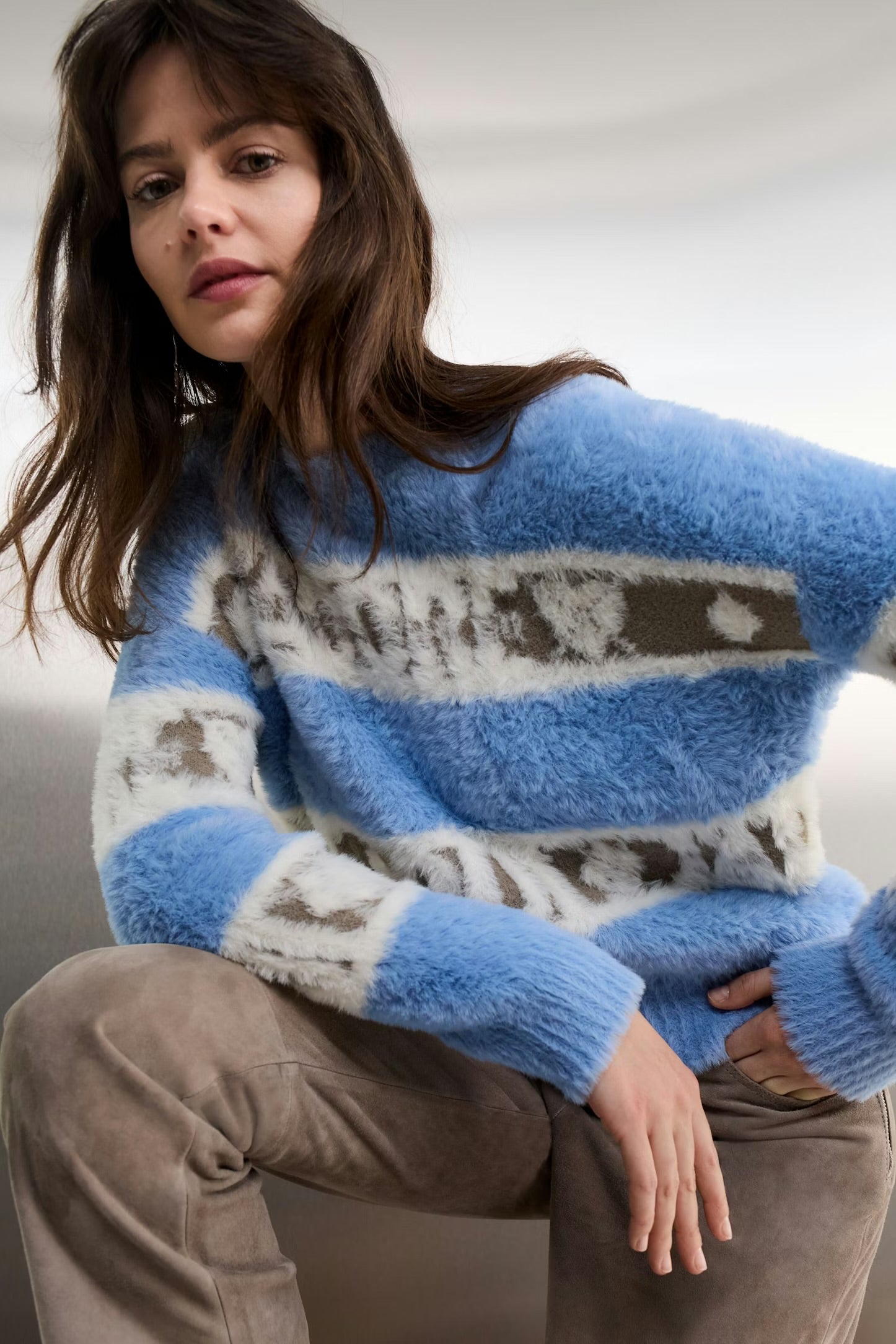 Oui Stripes & wording Pullover In Light Blue & Green