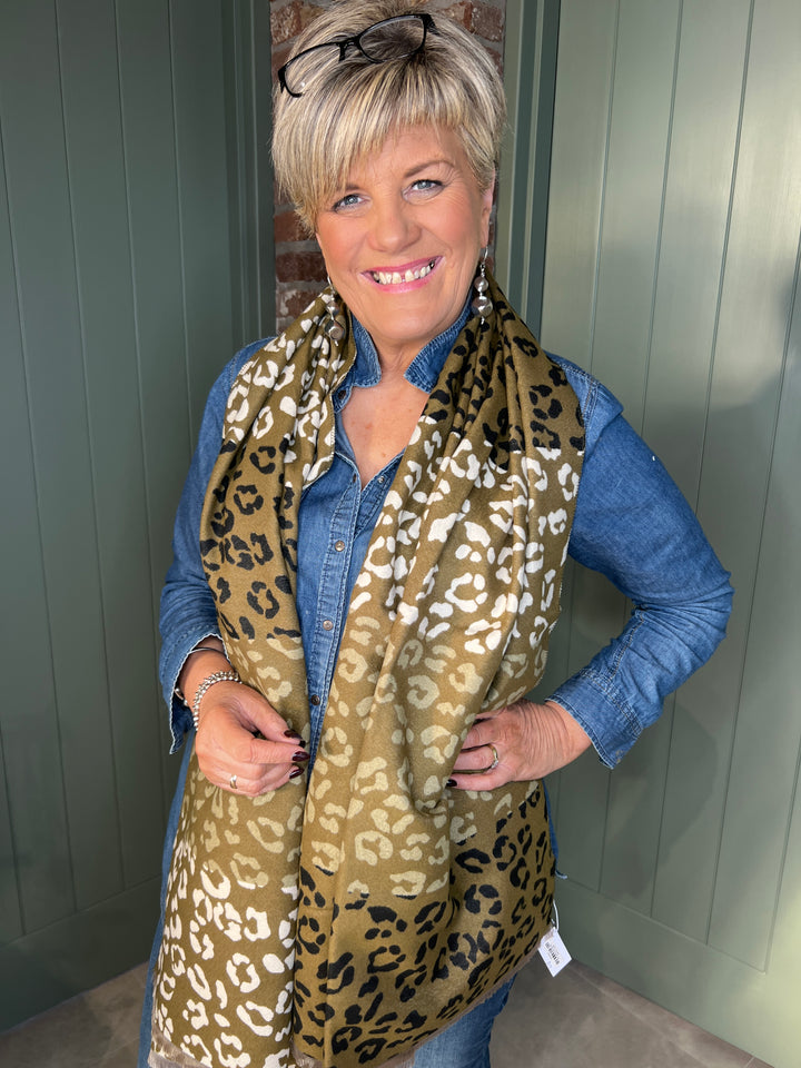 Sophie Leopard Print Scarf In Olive Multi