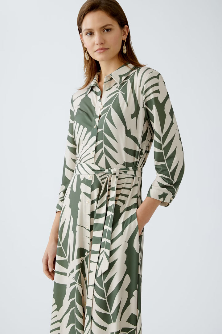 Oui Floral Shirt Dress In Khaki & Stone