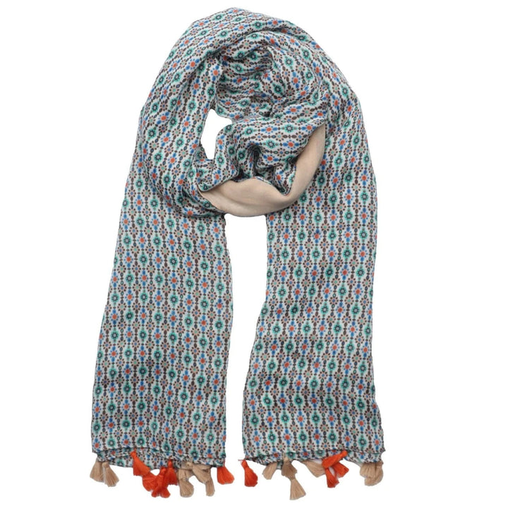 Polly Mini Flowers With Tassels Scarf In Taupe