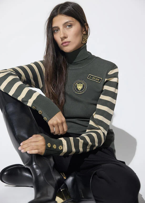 Military style striped jumper in khaki