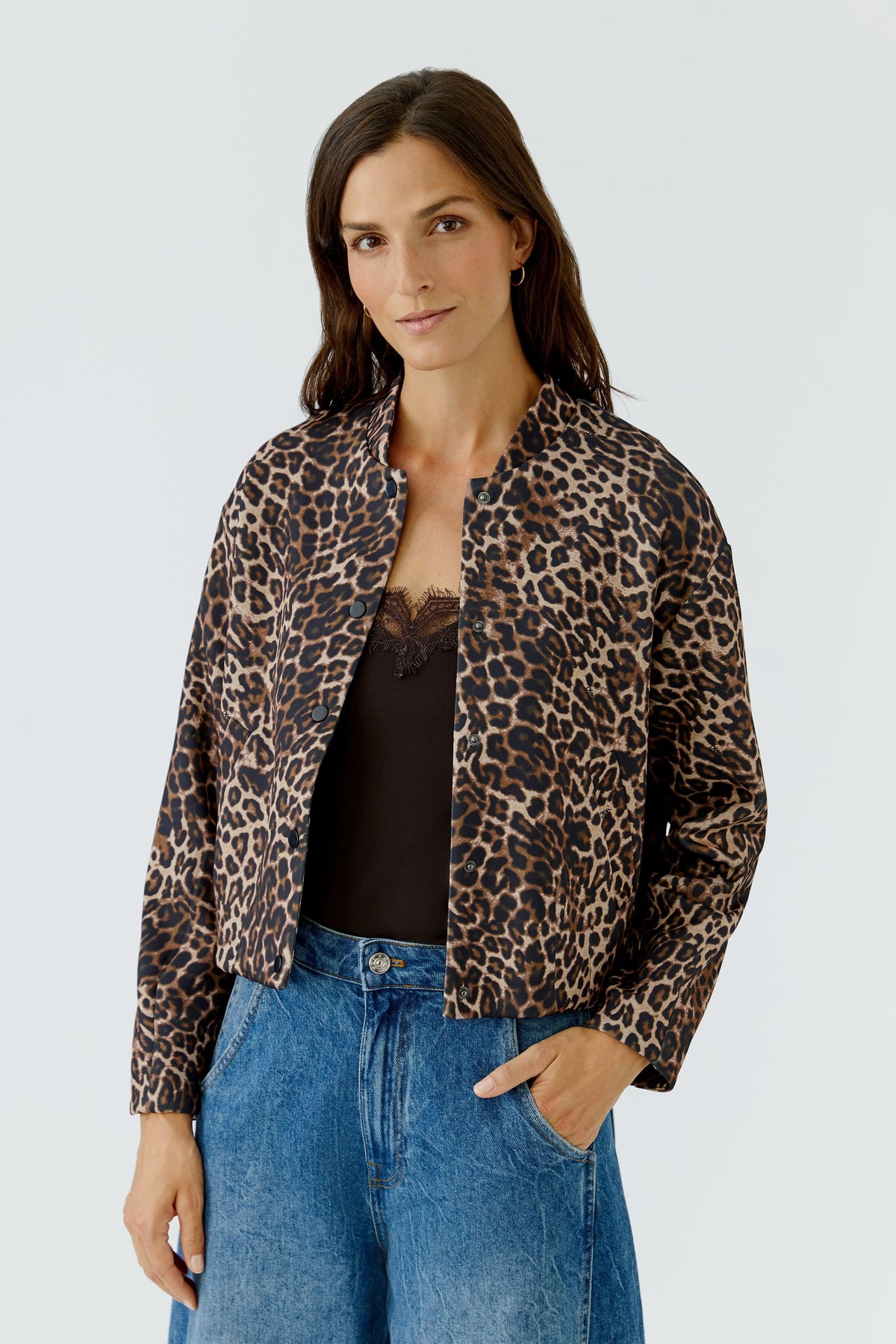 Leopard print scuba jacket in camel grey