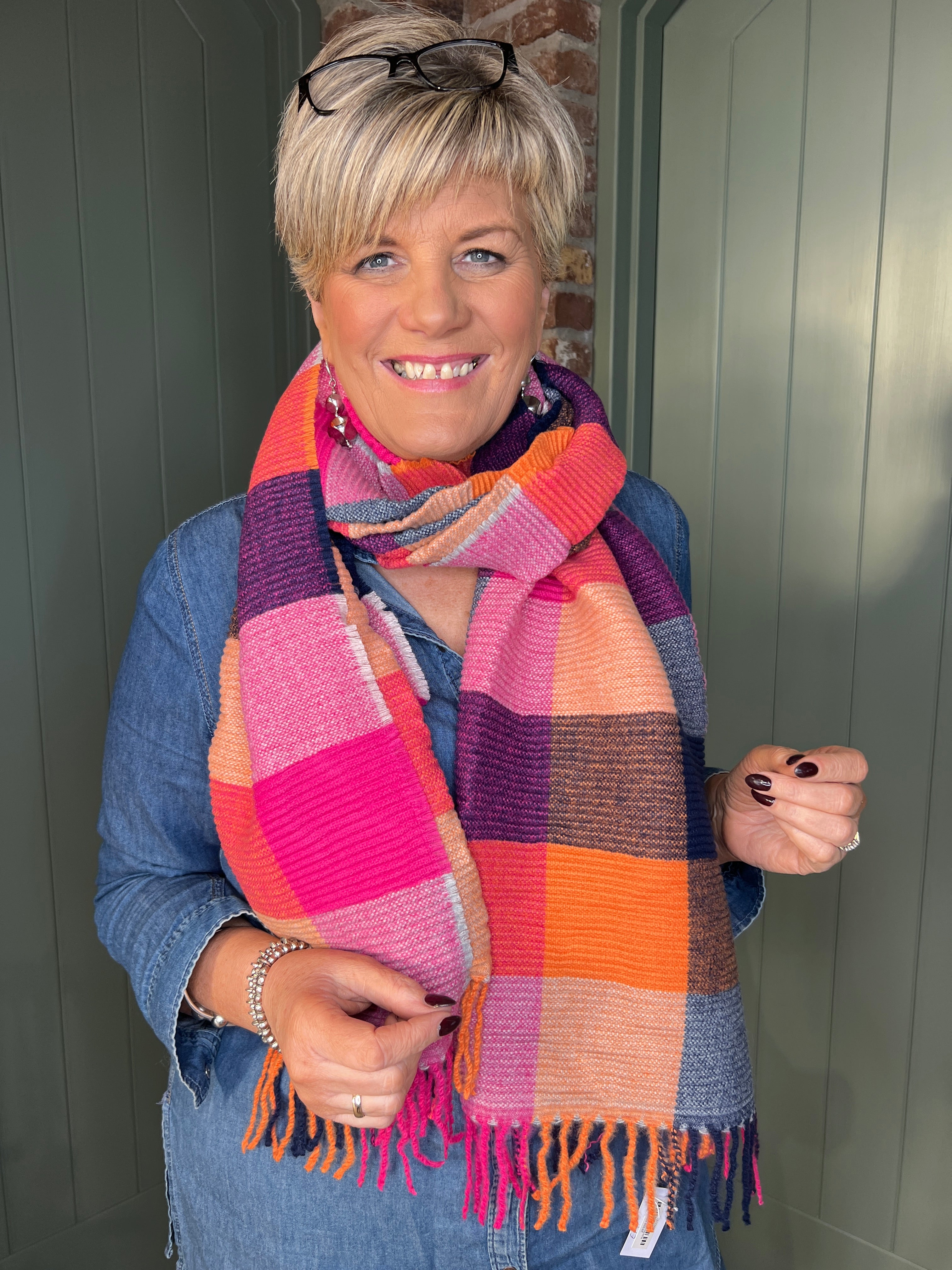 Sophie Pleated Tartan Scarf In Pink Multi