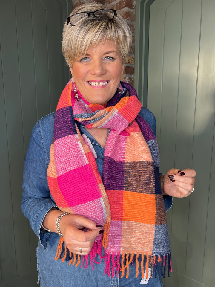 Sophie Pleated Tartan Scarf In Pink Multi