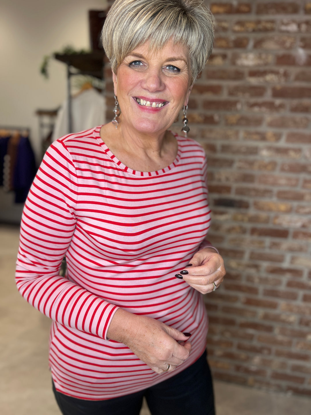Oui Striped Top In Pink & Red