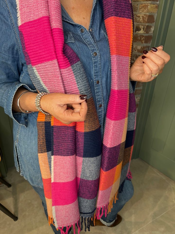 Sophie Pleated Tartan Scarf In Pink Multi
