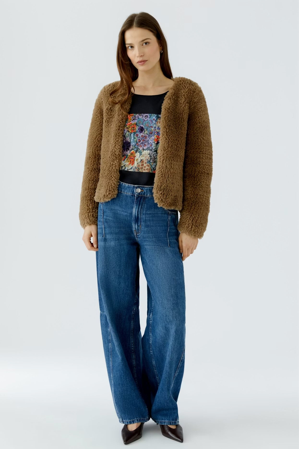 Oui Faux Fur Cardigan In Brown