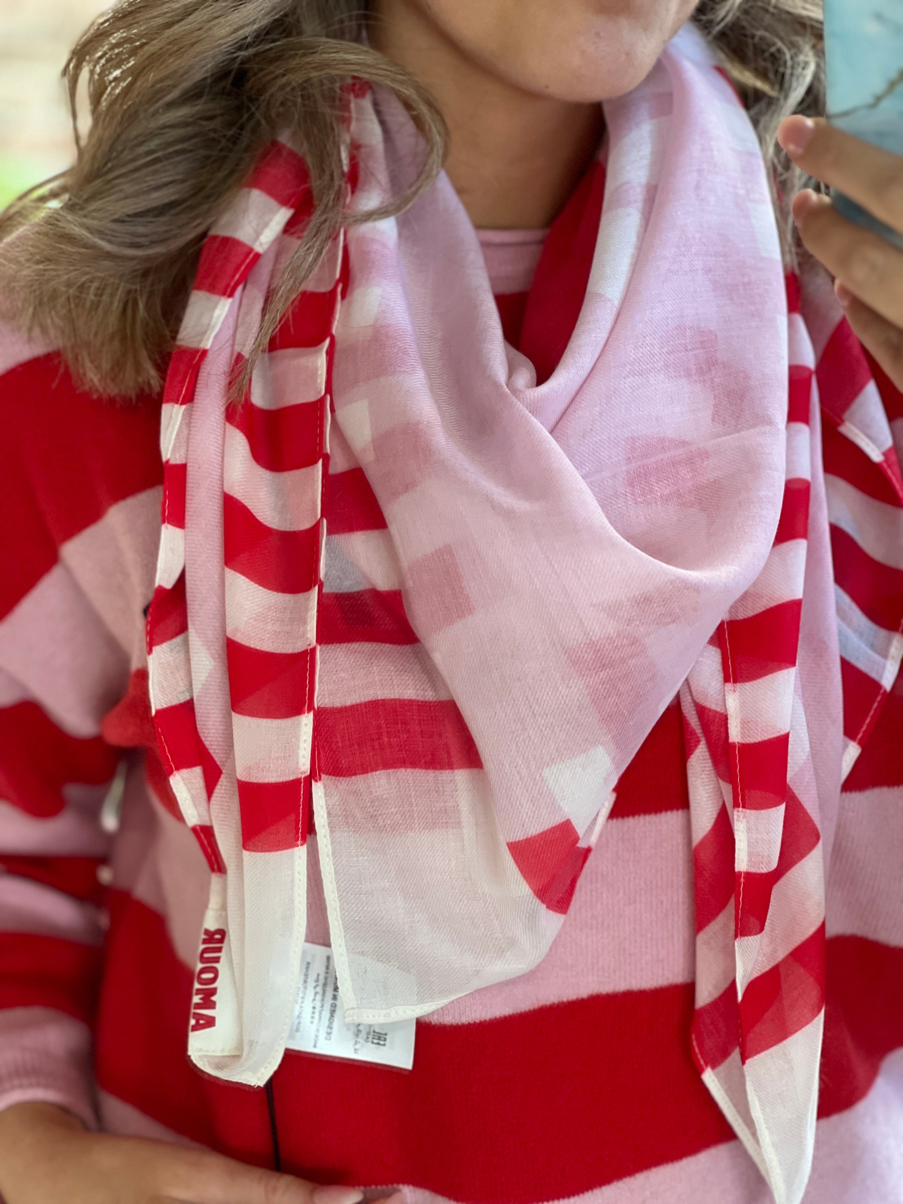 Oui Heart & Stripes Print Scarf In Pink & Red
