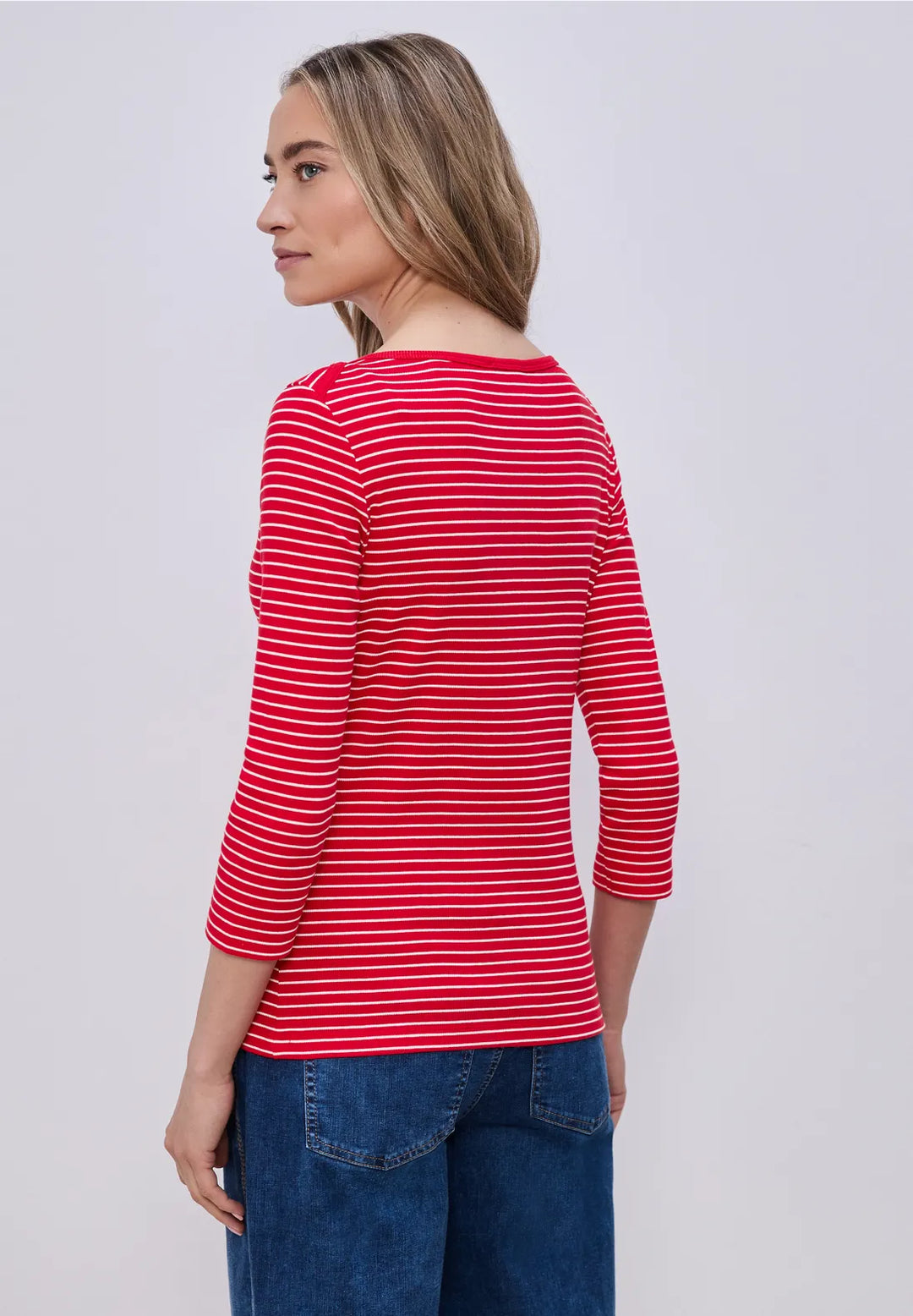 Street One Boat Neckline Striped Top In Salsa Red