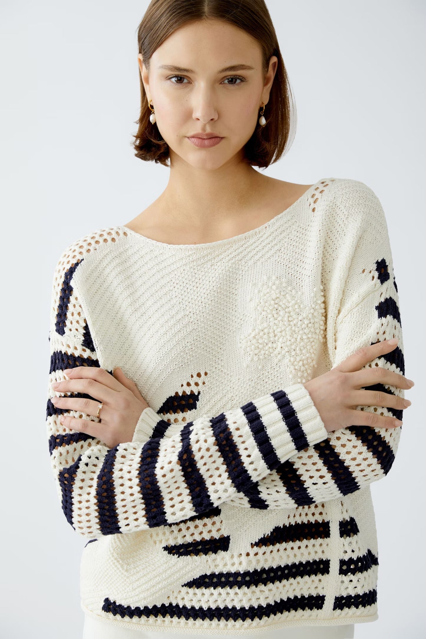 Oui Textured Patterned Jumper In Navy & White