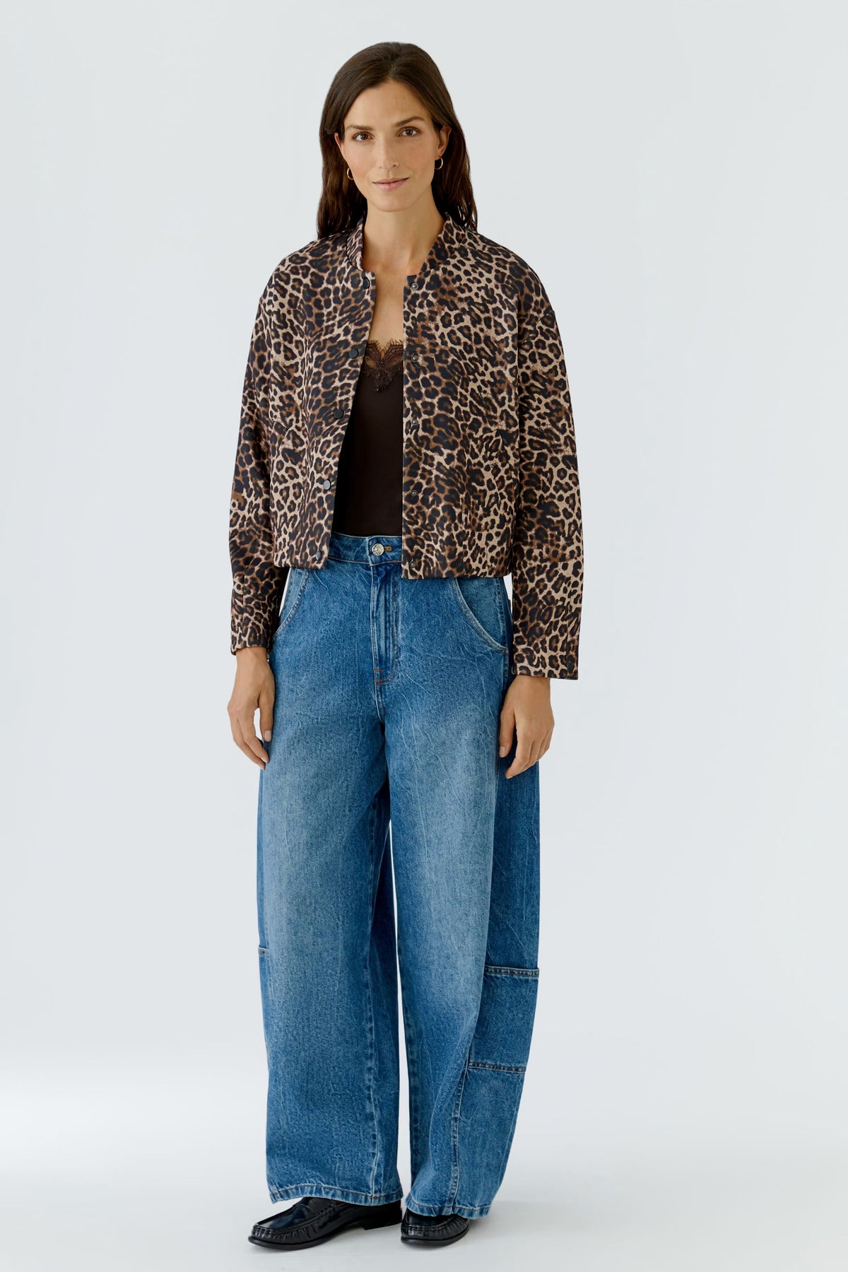 Leopard print scuba jacket in camel grey