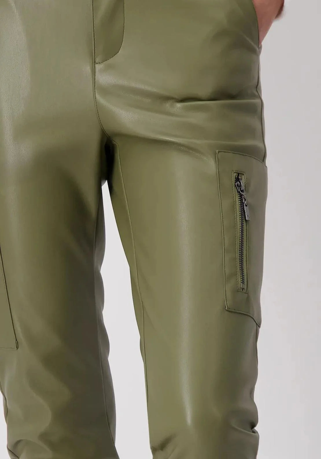 Monari Faux Leather Cargo Trousers In Green Tea