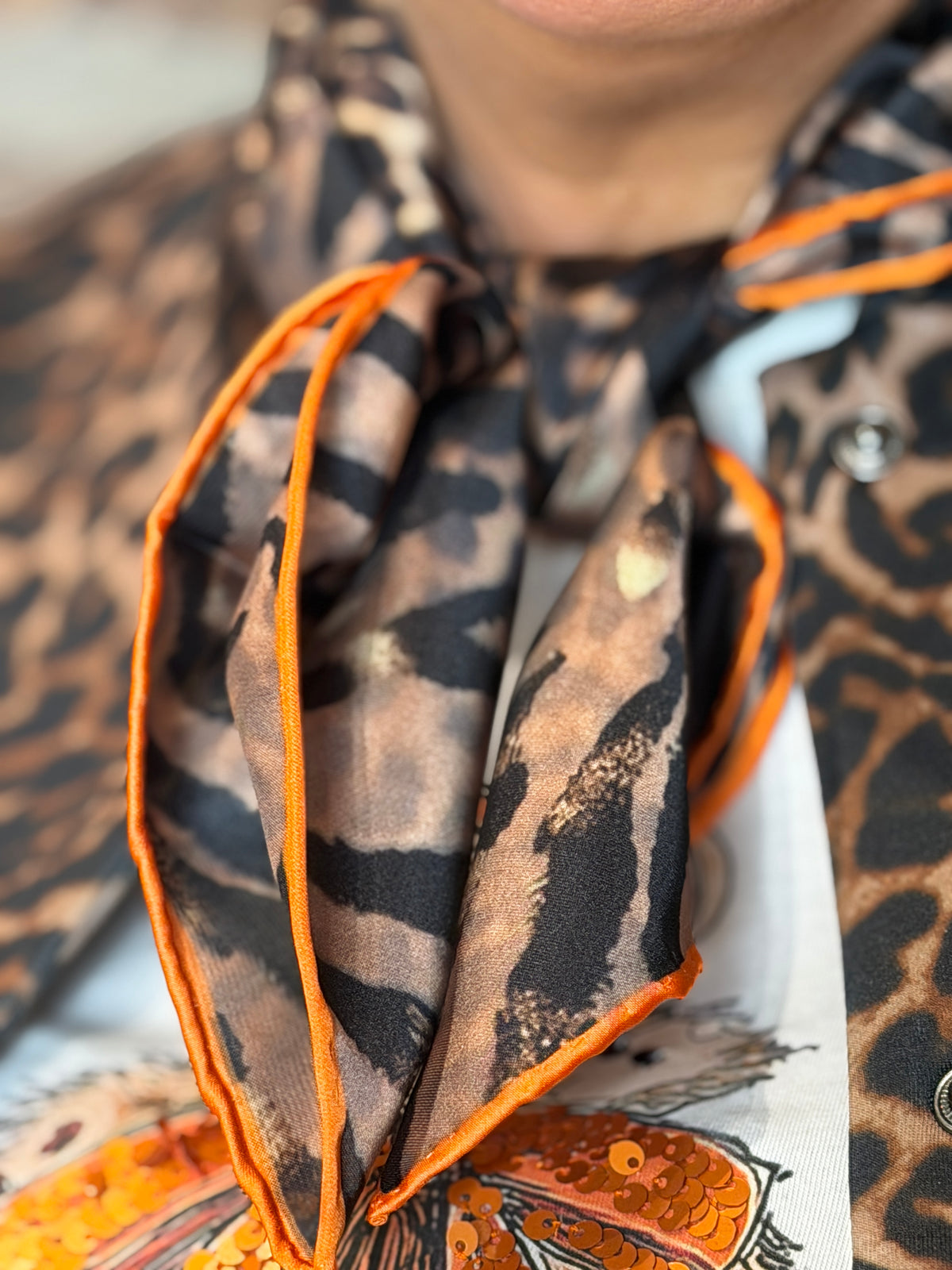 Leopard neck scarf in camel & grey