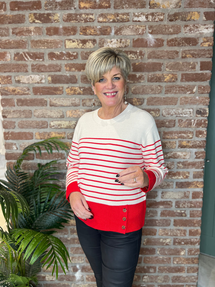 Oui Striped Pullover In White & Red