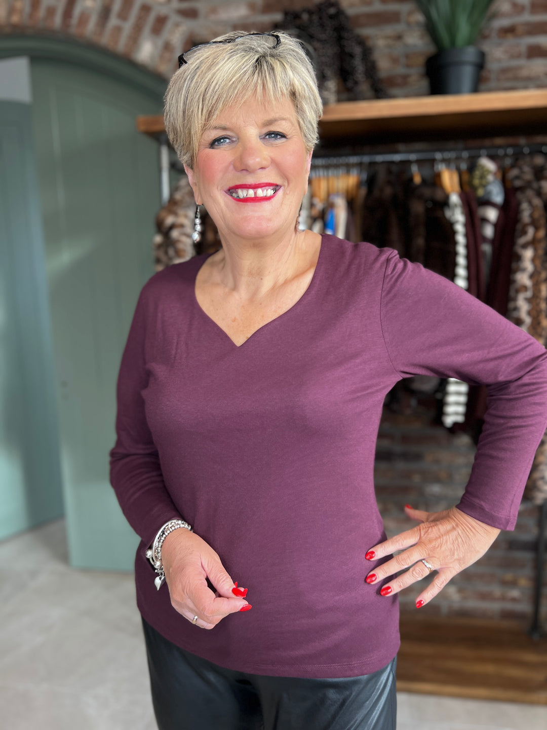 Street One Heart Neckline Top In Jazz Berry