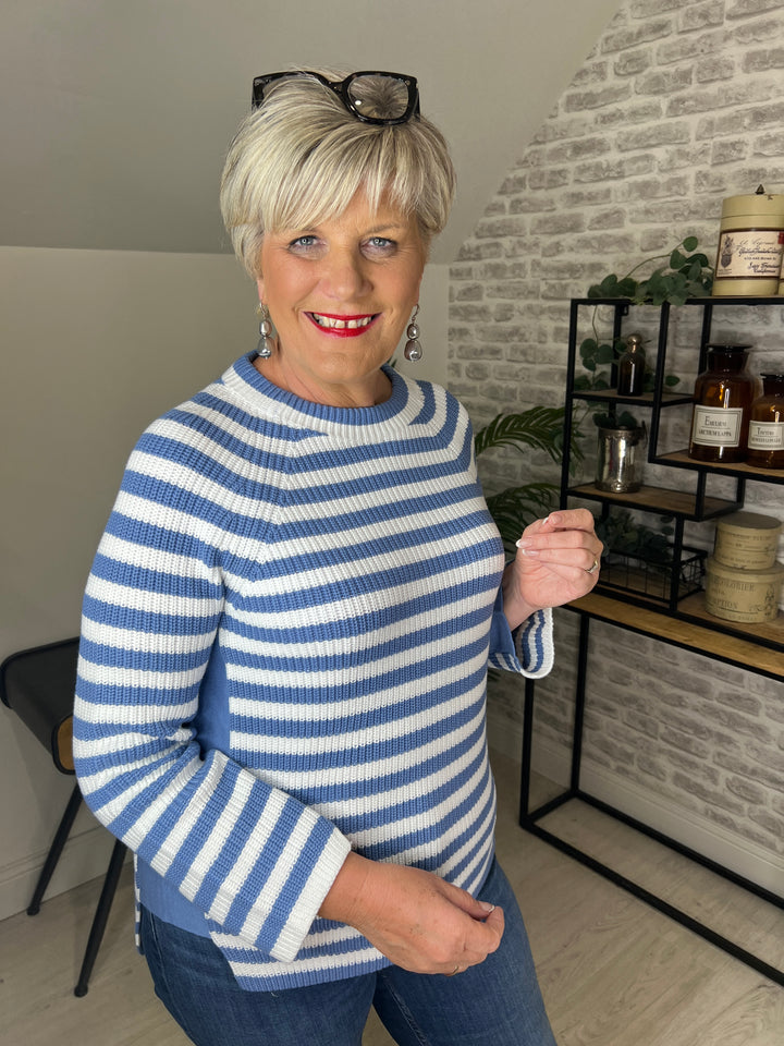 Oui Ruby Ribbed Jumper In Light Blue & White