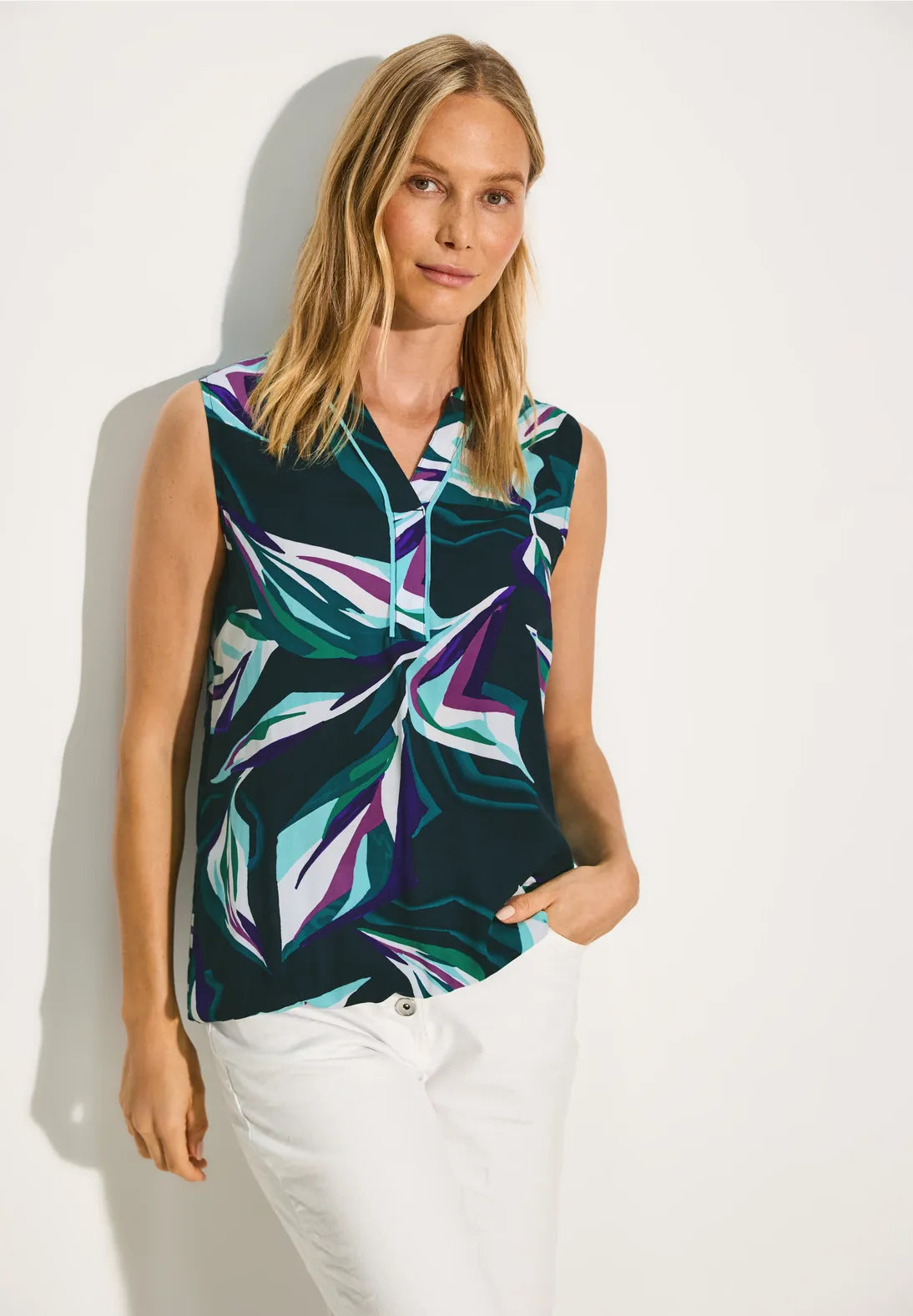 Cecil Multi Leaves Sleeveless Top In Fir Green