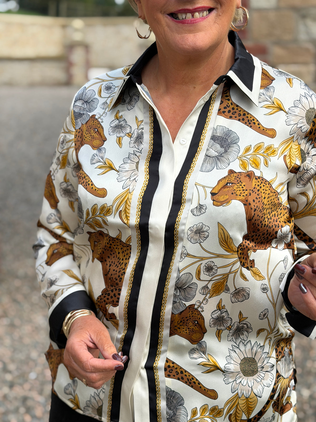 Leopard & border print shirt in multicolour