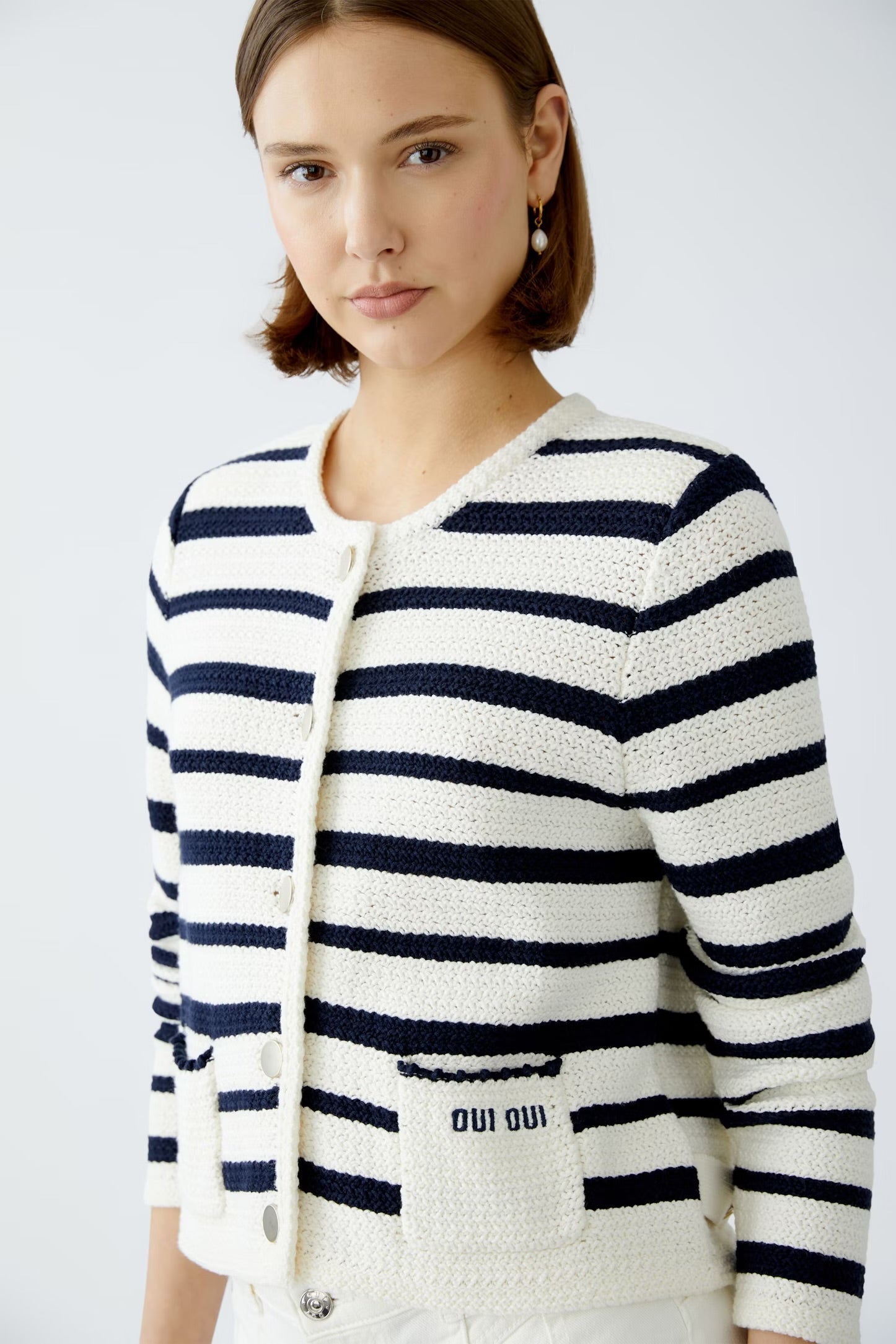 Oui Striped Cardigan In navy & White