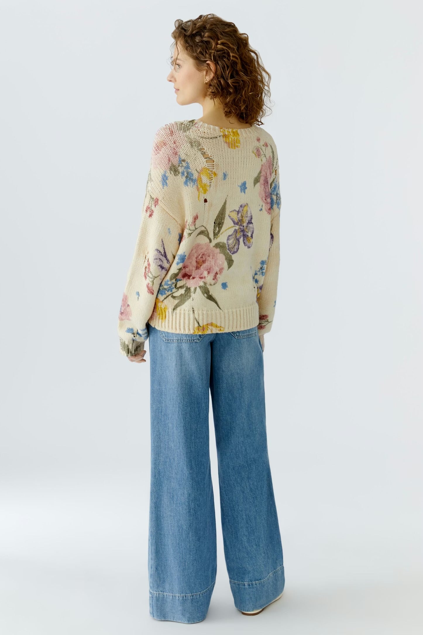 Oui Vintage Floral Pullover In Off White & Pink