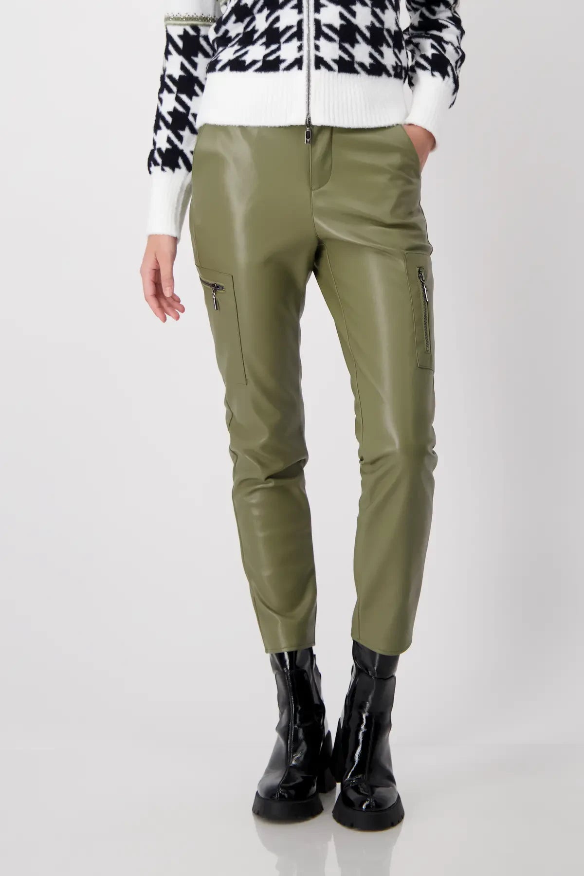 Monari Faux Leather Cargo Trousers In Green Tea