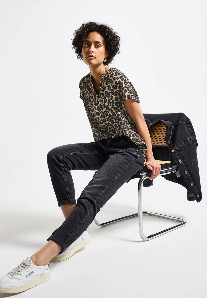 Street One Split Neck Leo Blouse In black