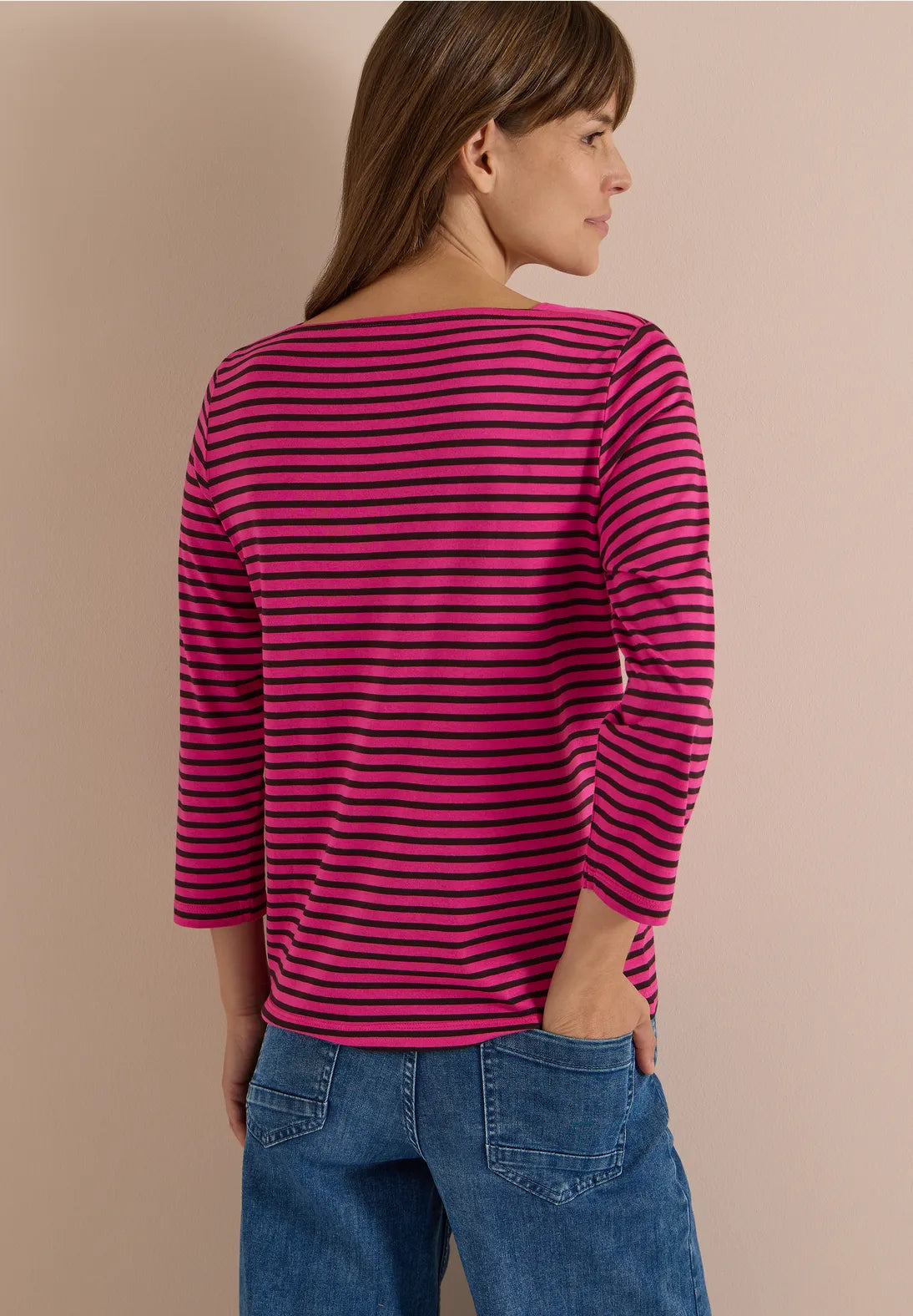Striped boat neck top in pink & brown