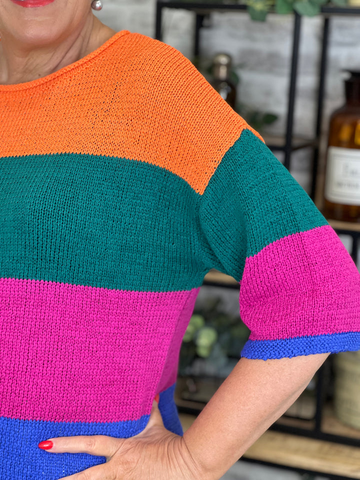Oui Block Stripes Pullover In Pink & Orange Multi
