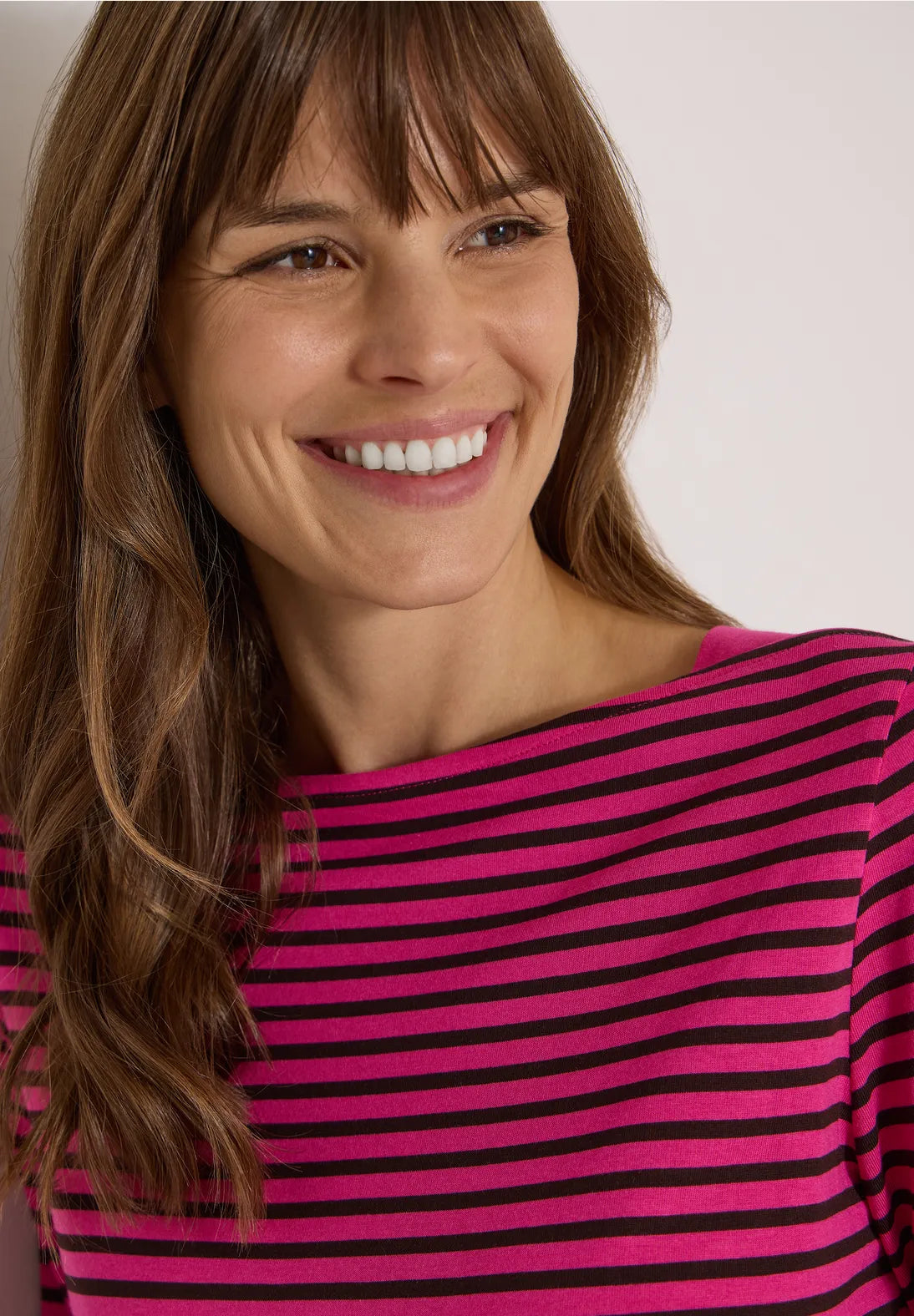 Striped boat neck top in pink & brown