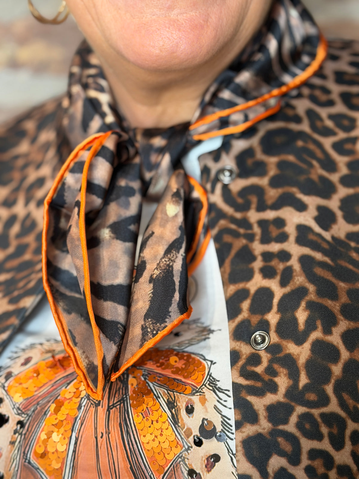 Leopard neck scarf in camel & grey