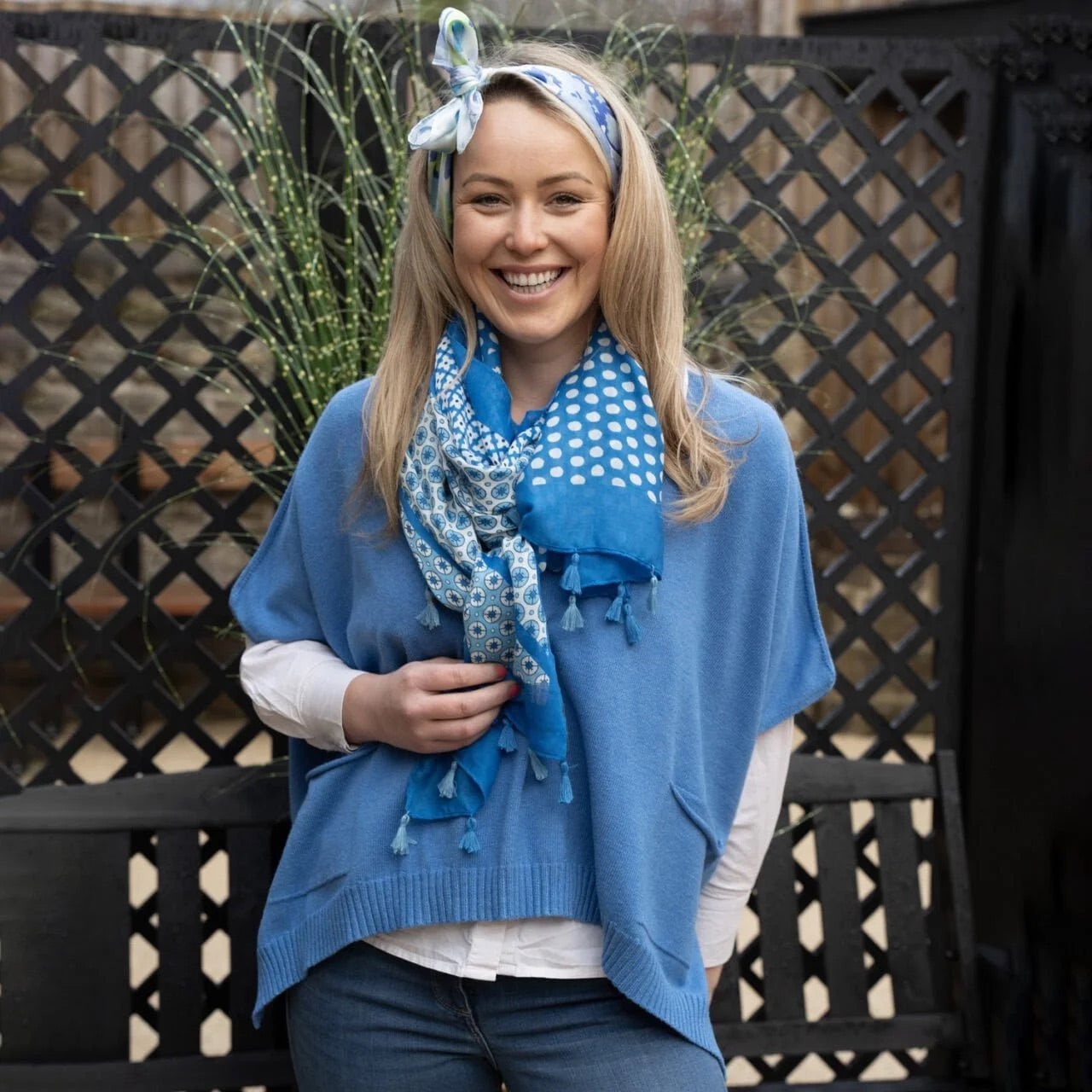 Polly Multi PatternedWith Tassels Scarf In Blue