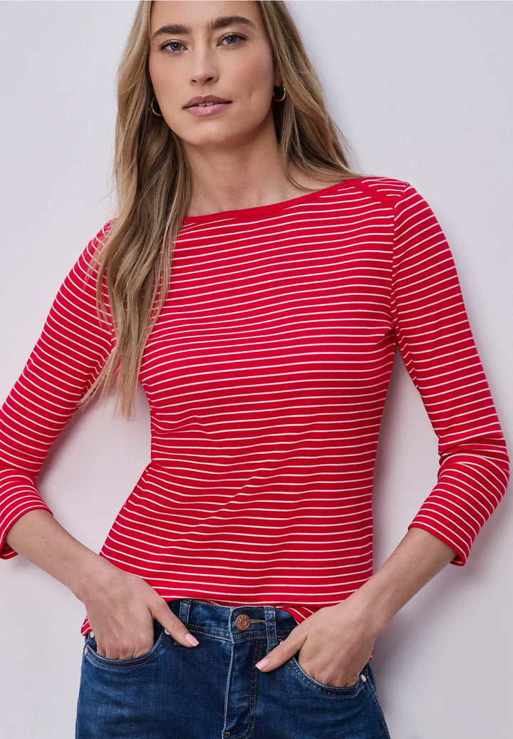 Street One Boat Neckline Striped Top In Salsa Red