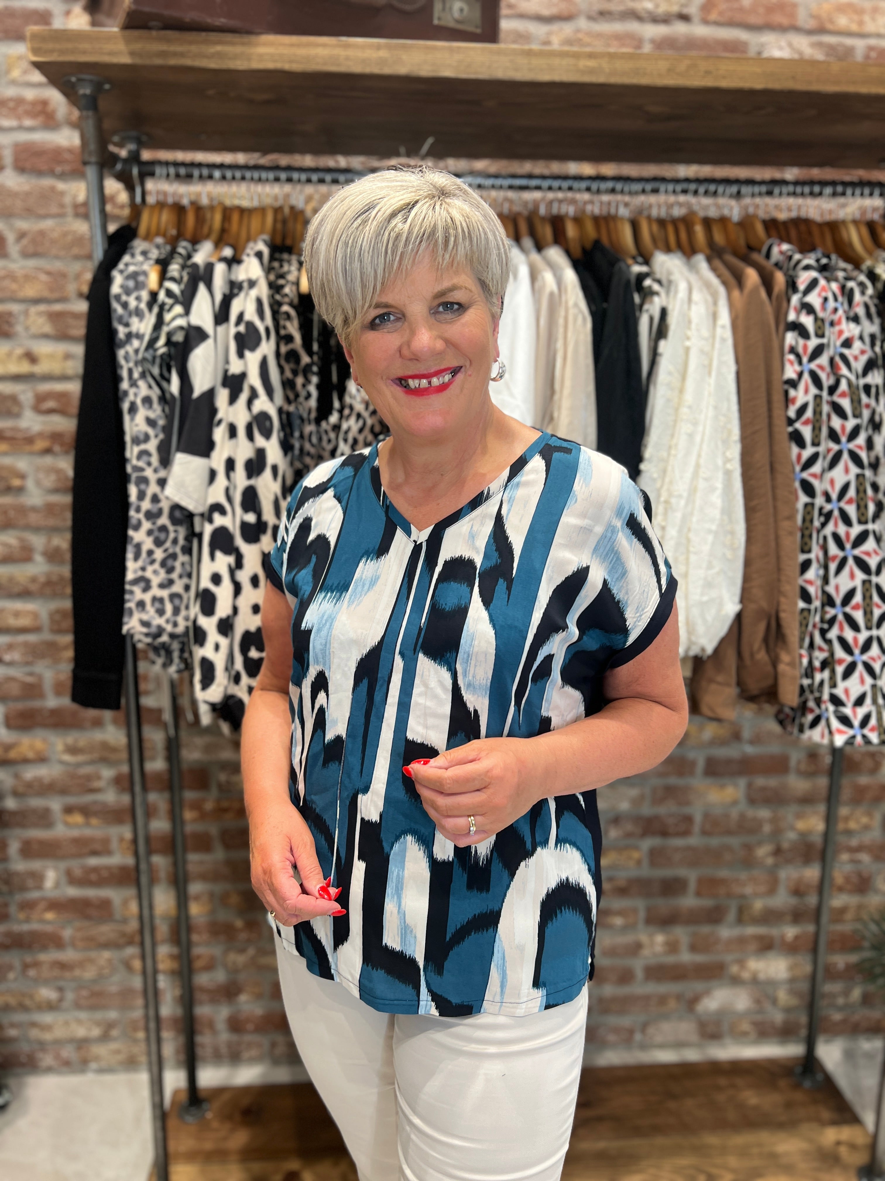 Street One V-Neck Patterned Top In Tide Blue