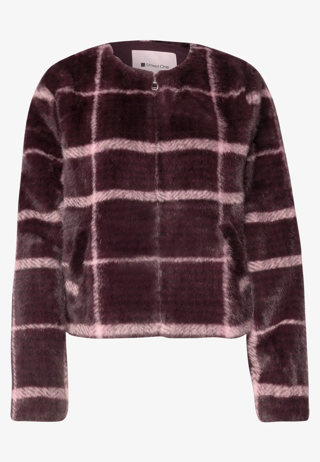 Checked faux fur jacket in rustic rouge