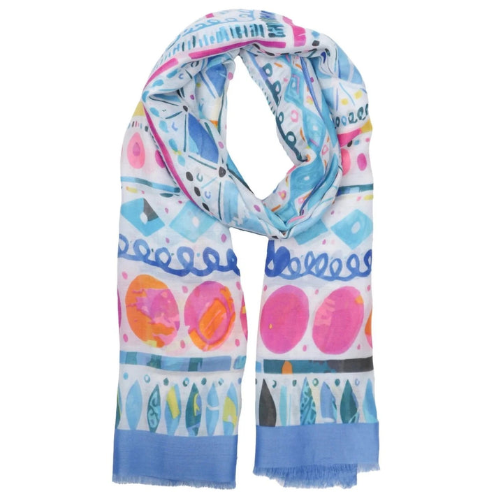 Polly Abstract With Solid Border Scarf In Blue